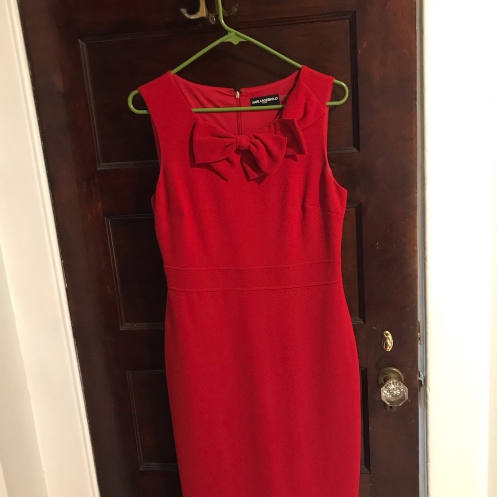 Knee length red crepe material dress size 8